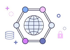 Wordpress website hosting service shown by an internet icon surrounded by interconnected points and security symbols